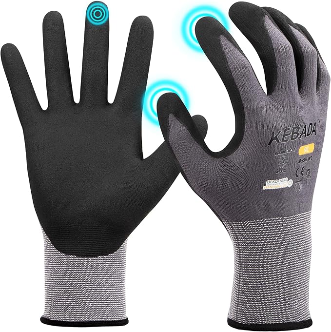 Kebada W2 Safety Work Gloves, Micro-Foam Nitrile Coated Gloves, Touchscreen,Ideal for Package Handling, Gardening, Construction, 1 Pair X-Large