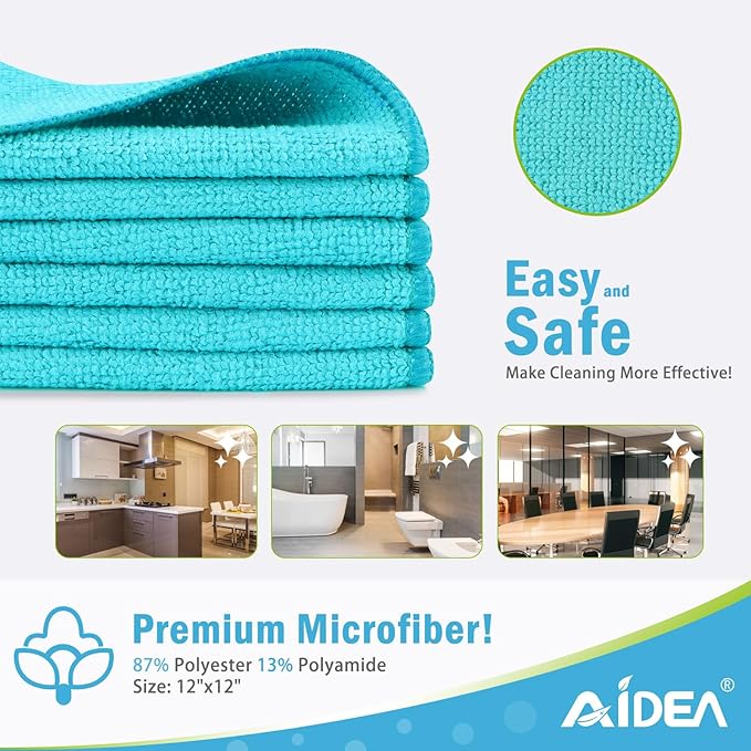 AIDEA Microfiber Cleaning Cloth-50PK, Soft Microfiber Towels for Cars, Absorbent Cleaning Rags, Lint-Free Streak-Free Wash Cloths for House, Kitchen, Window(12in.x12in), Blue