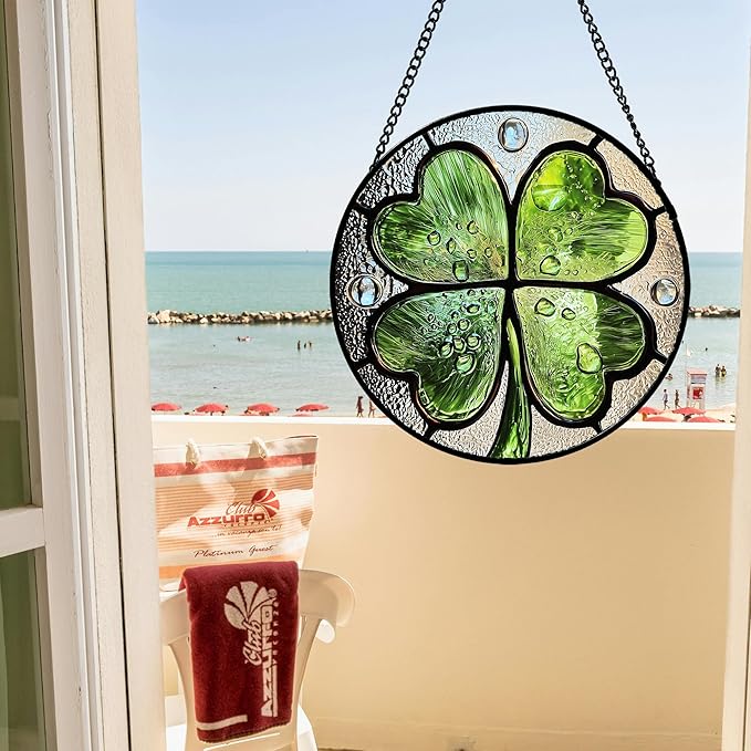 AMDERVEN Stained Glass Window Hanging, Green Silver 4 Leaf Clover Sun Catcher for Window Door Home Decor Plant Suncatcher Christmas Mother's Day Birthday Gifts for Women Men Mom Nana 7.8 in