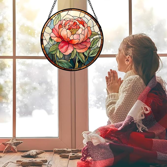 HWRHTR Stained Glass Window Hanging - Pink Peony Floral Suncatcher for Door Garden Yard Birth Flower Sun Catchers Decor Christmas Mother's Day Birthday Gifts for Women Mom Nana Wife Teacher 7.8 in