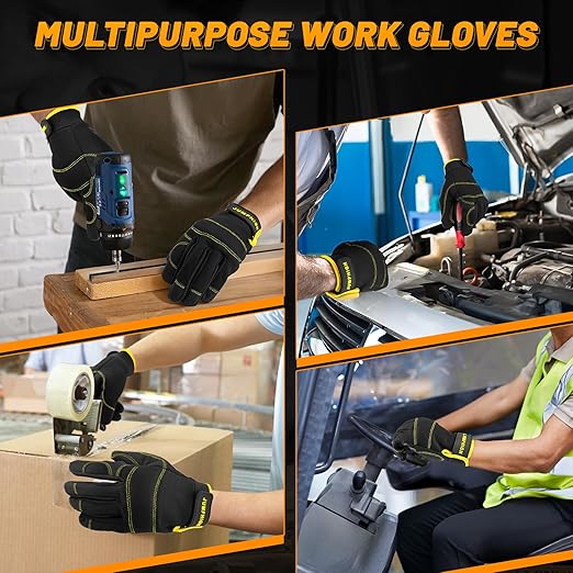 JUMPHIGH Safety Work Gloves 2 Pairs, Men's Utility Mechanic Working Gloves for Gardening Construction, Touchscreen Compatible, Flexible Breathable Fit, Knuckles & Palm (M)