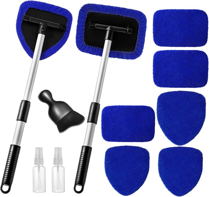 11pcs Windshield Cleaner Tool, Car Window Cleaning Wash Kit with 6 Reusable Microfiber Pads 2 Spray Bottles and Extendable Handles Auto Glass Wiper Kit, Blue