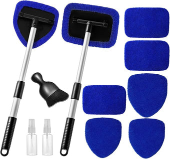 11pcs Windshield Cleaner Tool, Car Window Cleaning Wash Kit with 6 Reusable Microfiber Pads 2 Spray Bottles and Extendable Handles Auto Glass Wiper Kit, Blue