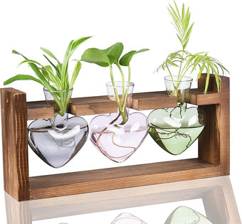 Kingbuy 3-Heart Plant Terrarium Kit - Stained Glass Vase Propagation Station with Vintage Wood Stand - Wall-Mounted & Tabletop Indoor Garden Decor for Home Kitchen Wedding (Grey, Green, Pink)