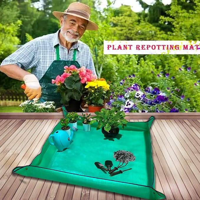BIUWING Plant Repotting Mat,Waterproof Transplanting Mat,Foldable Indoor Succulent Potting Mat for Garden, Portable Gardening Mat for Indoor Plant Transplanting and Mess Control (39.4"*39.4" Green)