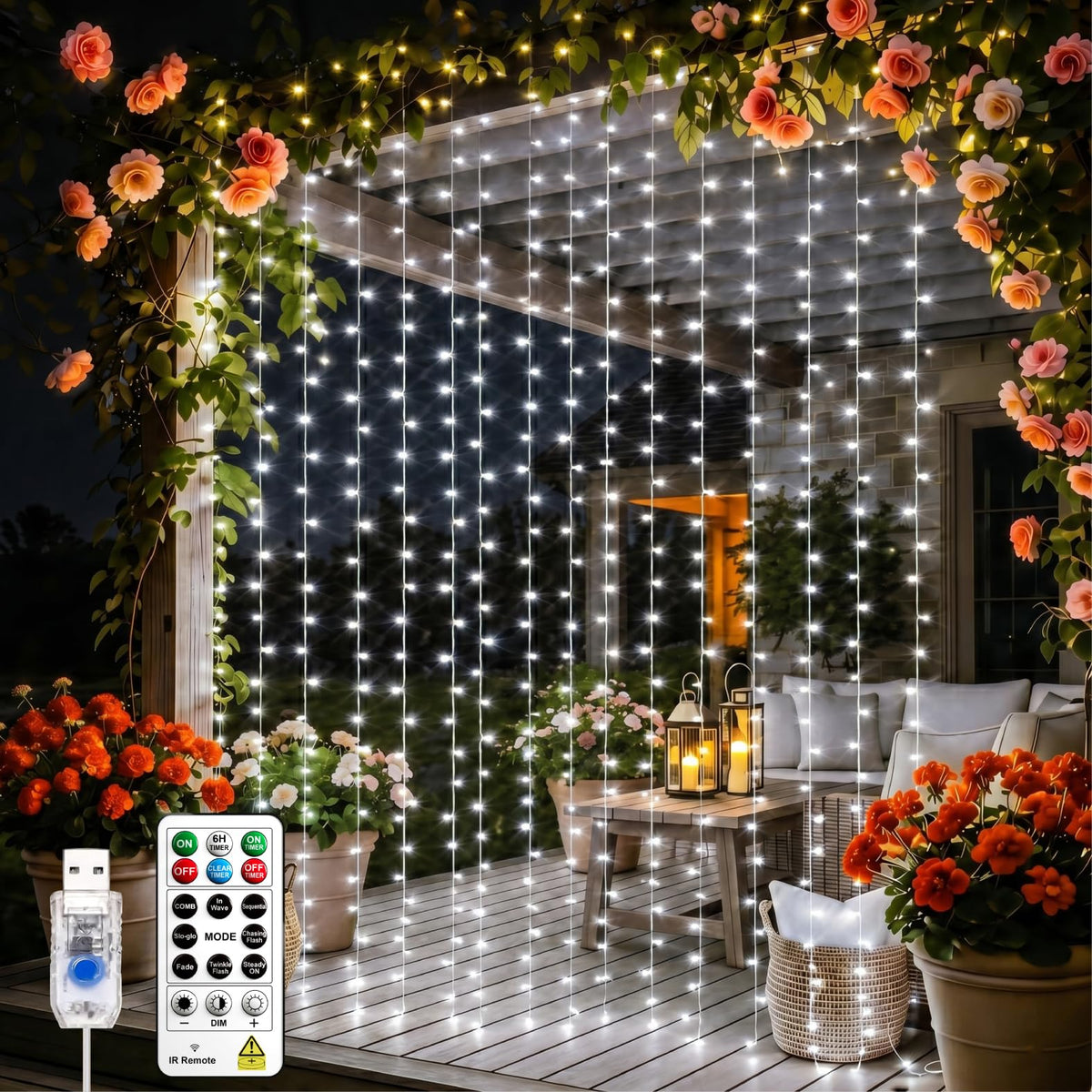 SINAMER Curtain String Light, 200LED 6.6x6.6ft, Remote & 8 Modes, USB