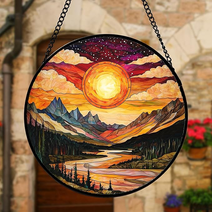 Stained Glass Window Hanging, Dusk Sunset Landscape Sun Catchers Glass Panel Lakes and Mountains Suncatcher Decor for Birthday for Women, Men, Wife, Aunt, and Mom 11.8x11.8 in