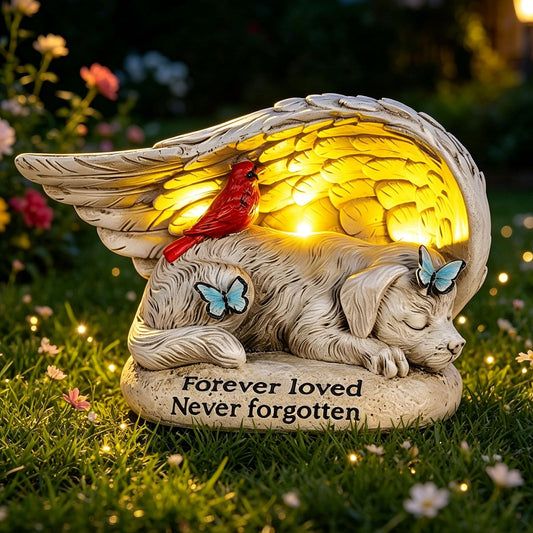 Dog Memorial Stone with Solar Lights Angel Wings Cardinal 8 Inch