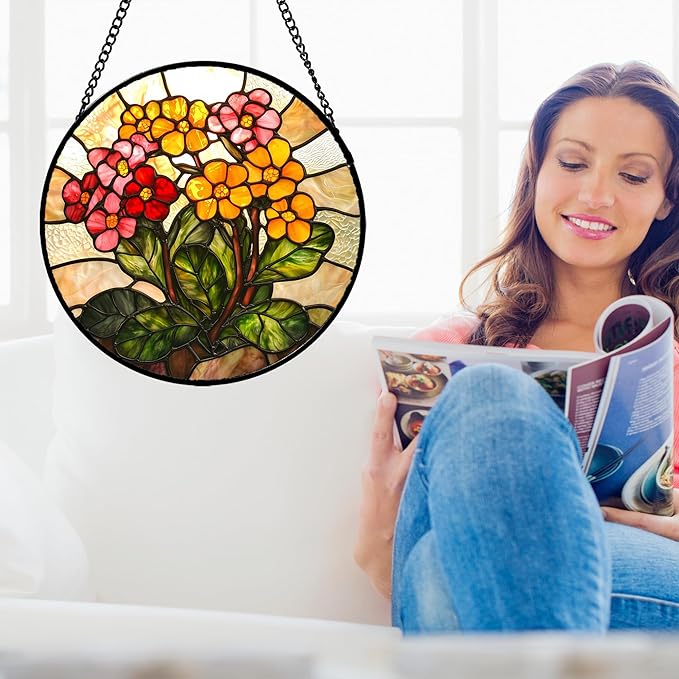 AMDERVEN Stained Glass Window Hanging, Yellow Red Flowers Sun Catcher for Window Door Home Decor Green Plant Suncatcher Christmas Mother's Day Birthday Gifts for Women Men Mom and Nana 11.8 in
