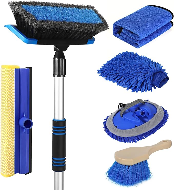 Wontolf 62'' Car Wash Brush with Long Handle, Scratch-Free Soft Bristles Sturdy Car Wash Mop Kit, Complete Car Cleaning Brush Kit Wash Mitt Towel Windshield Squeegee Wheel Tire Brush for Car Truck RV