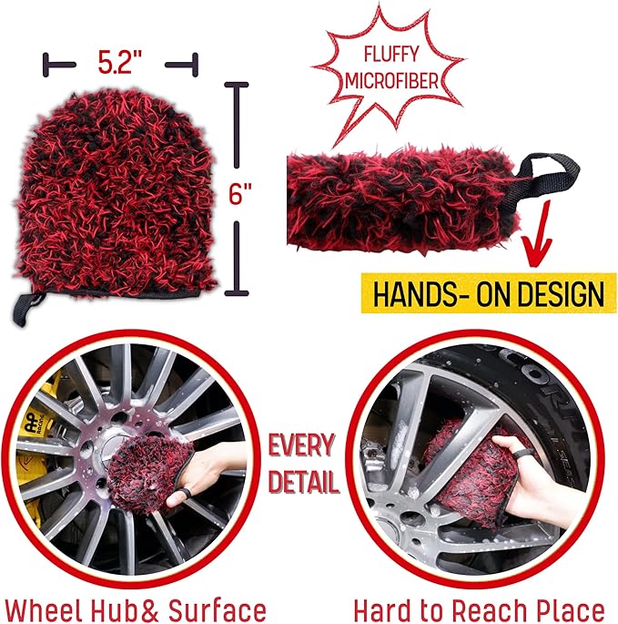 Metal Free Microfiber Wheel Brush Kit- Microfiber Angled Wheel Brush, Long Handle Wheel Brush, Tire& Detailing Brush, Wheel Wash Mitt. Hands-On Wheel Detailing Kit for Daily Wheel Cleaning
