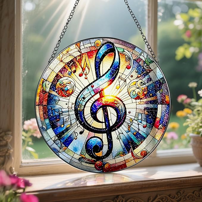 Stained Glass Window Hanging, LAOWEIKI 8'' Musical Note Suncatcher, Stained Glass Ornament, Suncatchers for Windows Hanging, Window Decor, Outdoor or Indoor, Gifts for Friends, Music Lover