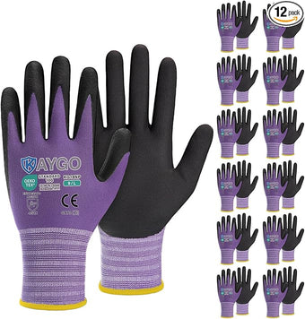 KAYGO Safety Work Gloves MicroFoam Nitrile Coated, 12 Pairs KG18NB,Seamless Knit Nylon Glove for Men and Women, Ideal for Automotive,Warehouse,Construction (L, Purple)