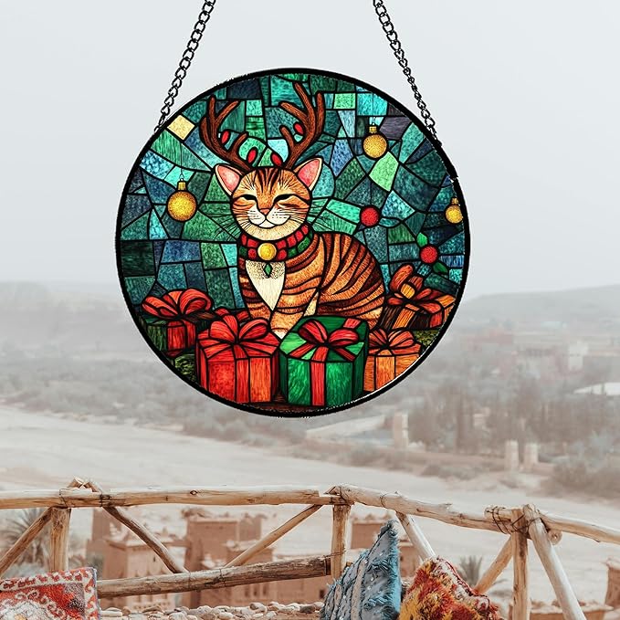 Stained Glass Window Hanging Cat with Elk Antlers 9.8" - Suncatcher Door Garden Sun Catcher Home Decor Birthday Christmas for Lost Pets Mom Men Woman Nana