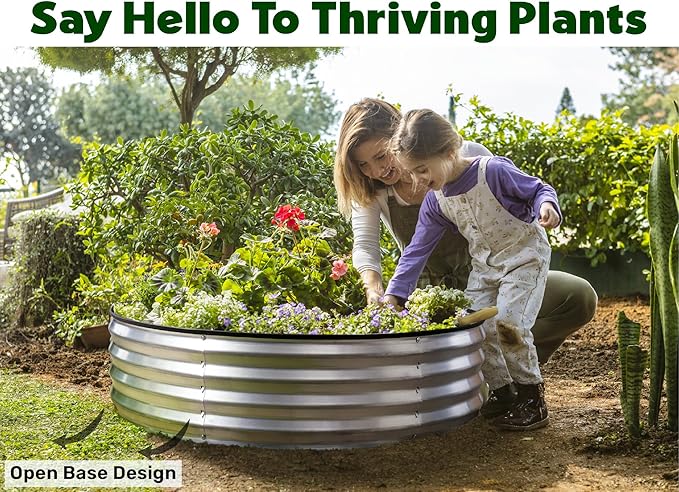 Round Galvanized Raised Garden Bed // 4×4×1 ft Galvanized Raised Garden Beds Outdoor for Gardening, Vegetables, Flowers // Patented Tool-Free Design Round Planter (Silver)