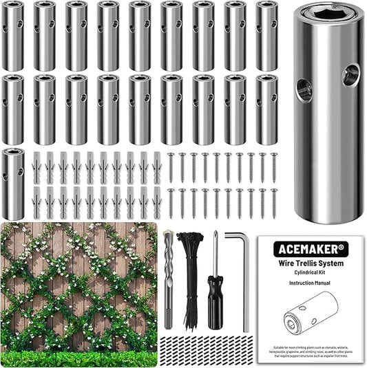 Acemaker Wire Trellis for Climbing Plants Outdoor, 20-Set Wall Wire Trellis Kit, T316 Cylindrical Espalier System for Fence and Garden DIY Projects (Hubs Only, Without Cable)