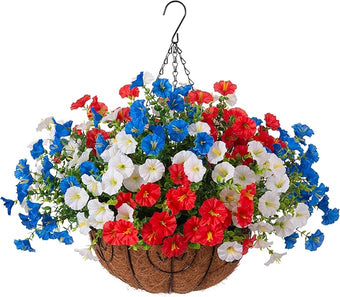 Ammyoo Artificial Fake Hanging Flowers with Basket for Outdoors, Faux Petunias Flowers Fake Hanging Plants with Eucalyptus Realistic UV Resistant for Outside Patio Garden Porch Balcony Yard Decor