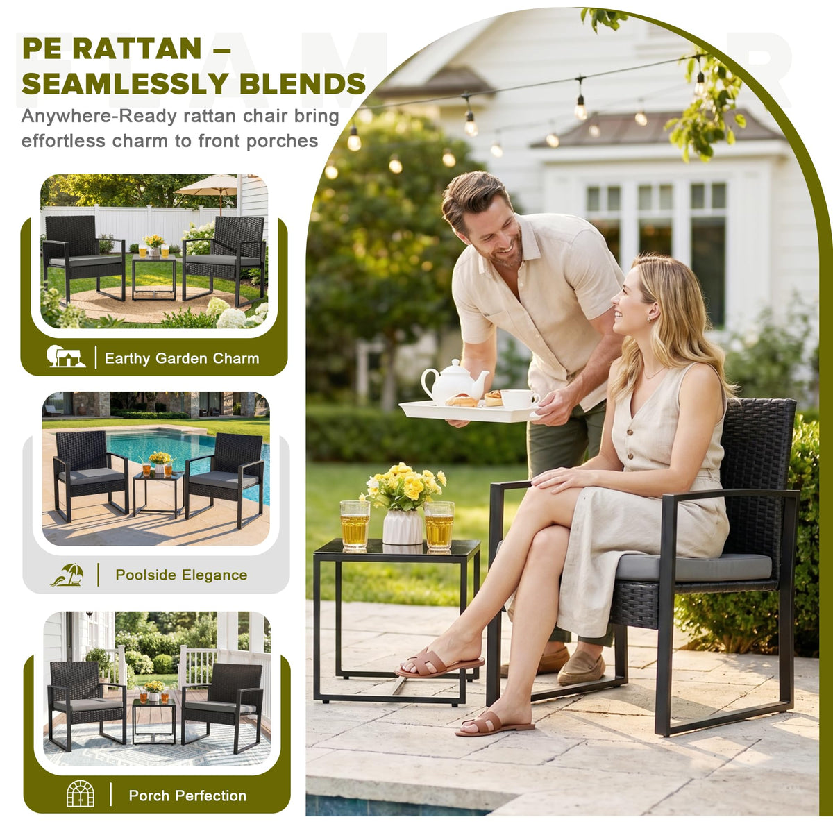 Flamaker 3 Pieces Patio Furniture Set Outdoor Wicker Bistro Chair (Grey)