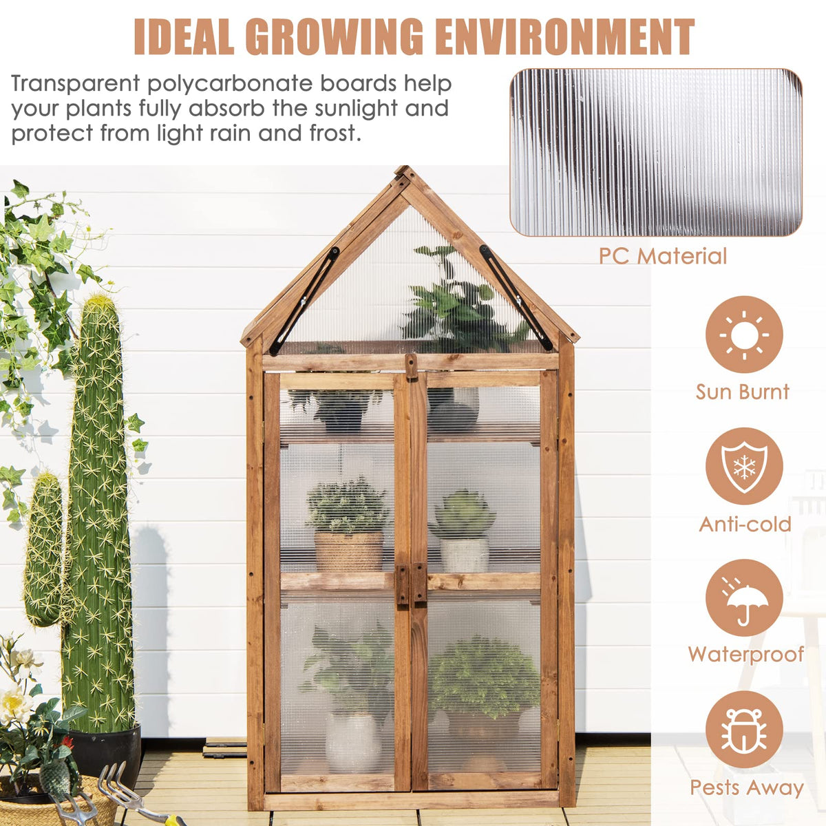 GRAFFY Wooden Cold Frame Greenhouse with 3 Removable Shelves for Outdoor