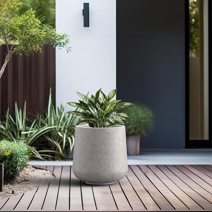 Kante 11.6" Dia Round Concrete Planter, Outdoor Indoor Large Plant Pots Containers with Drainage Hole and Rubber Plug for Home Garden Patio, Light Gray