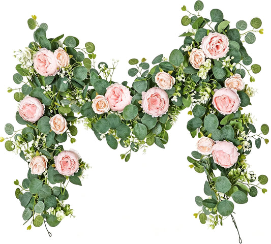 MISSPIN 2pcs Artificial Flowers Garland Spring Eucalyptus Garland Vintage Fake Flower Peony Rose Vine Greenery Decorative Wall Hanging Plant for Wedding Arch Door Arrangement Party Decor (Pink,2)