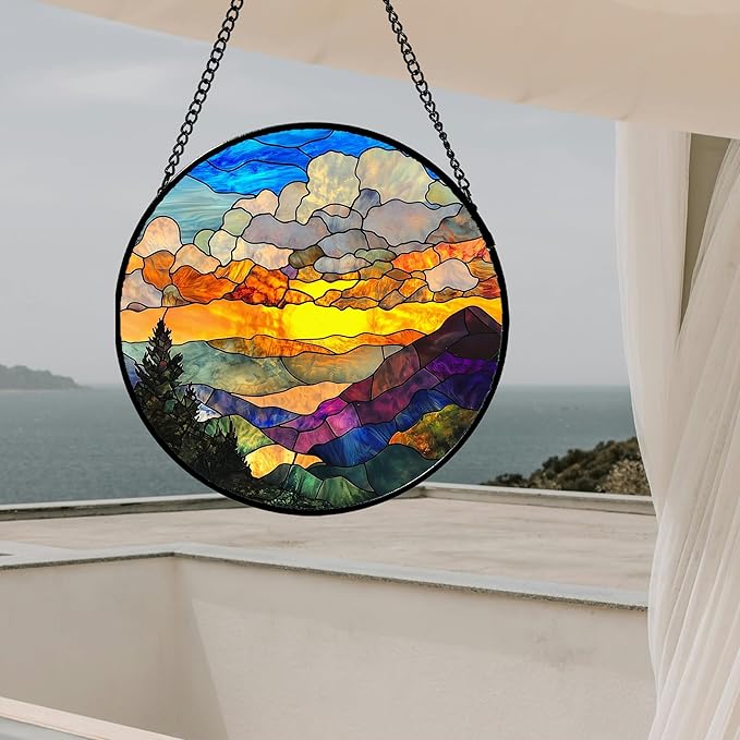 Stained Glass Window Hanging, Abstract Clouds Mountains Landscape Suncatcher for Doors Window Home Sun Catchers Decor Mother's Day Birthday Gifts for Women, Men Mom 7.8 in