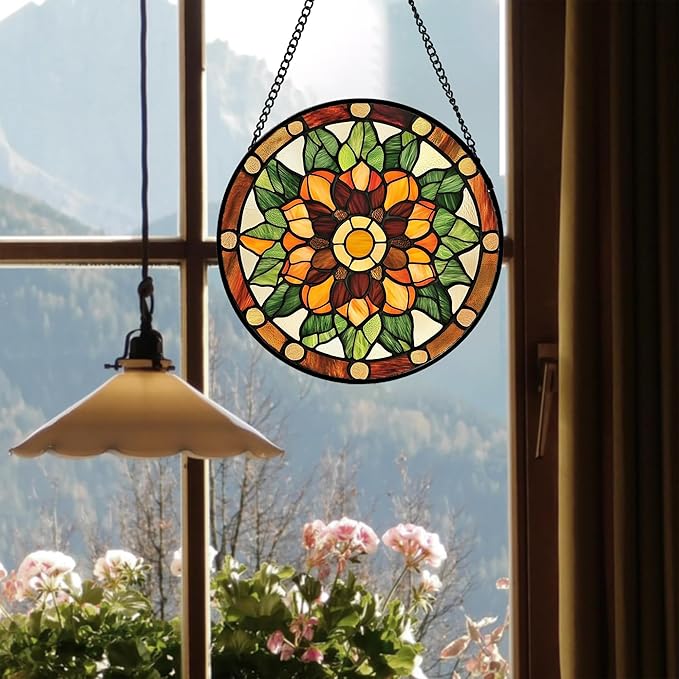 AMDERVEN Stained Glass Window Hanging - Yellow Green Boho Style Flowers Sun Catcher for Door Garden Home Decor Suncatcher Christmas Mother's Day Birthday Gifts for Women Mom Girl Nana Friend 6.3 in