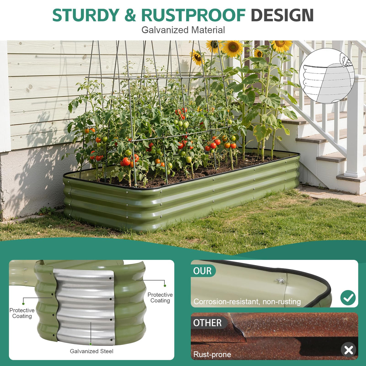 BIRDSINYARD 5 in 1 Galvanized Raised Garden Bed, 8x3x1ft, Green