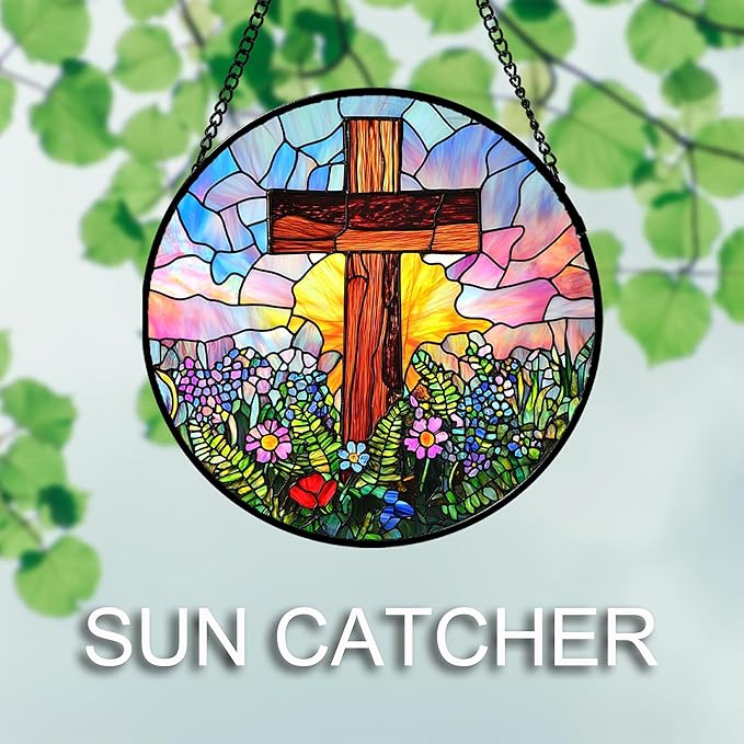JOSUMALY Christian Gifts for Women - Cross Stained Glass Window Hanging Jesus Easter Colorful Wildflowers Sun Catcher Garden Religion Decor Mother's Day Catholic Gift for Men Grandma Mom Her 9.8"