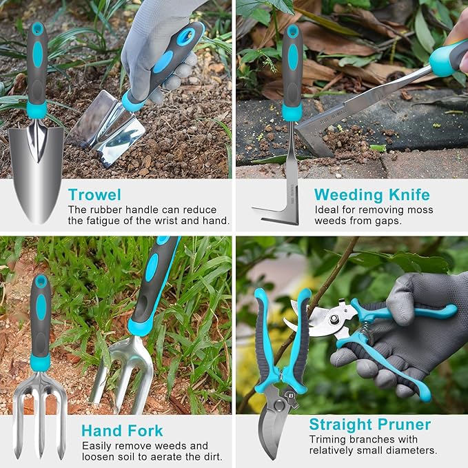 Gardening Tools, Carsolt 10 Piece Heavy Duty Stainless Steel Garden Tools Set with Ergonomic Rubber Handle. Variety of Gardening Hand Tools with Gift Box Ideal Garden Gifts for Women