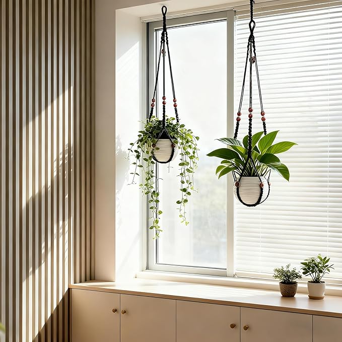 HOREAKHJ 35 Inch Macrame Plant Hanger, Large for up to 15 Inch Pot Extra Long Hanging Planter Holder Basket with Wood Beads for Indoor Outdoor Home Decor (Black, 2-Pack)