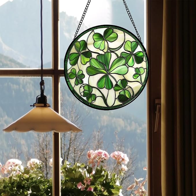 Stained Glass Window Hanging - Ireland Green Lucky Clover Suncatcher for Doors Garden St. Patrick's Day Sun Catchers Decor Mother's Day Birthday for Women Men Mom Nana 11.8 in