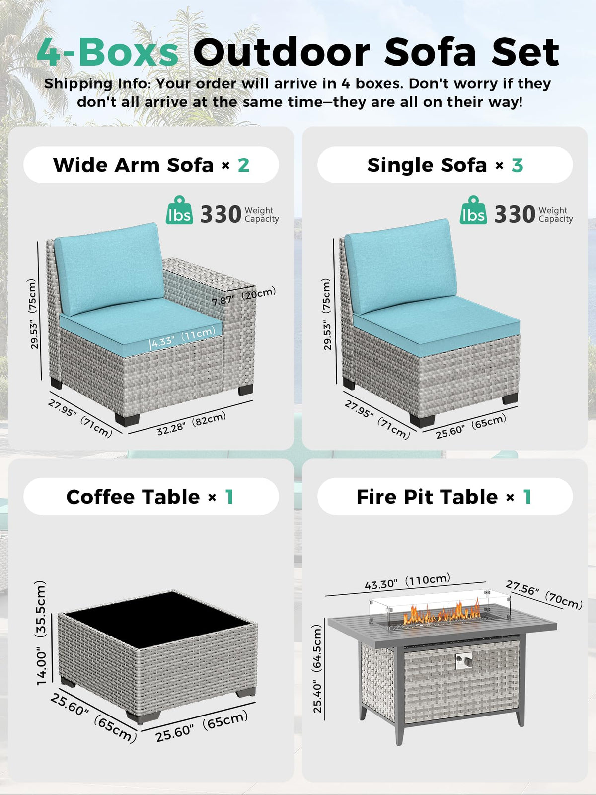 7 Piece Outdoor Wicker Patio Furniture Set with Fire Pit Table