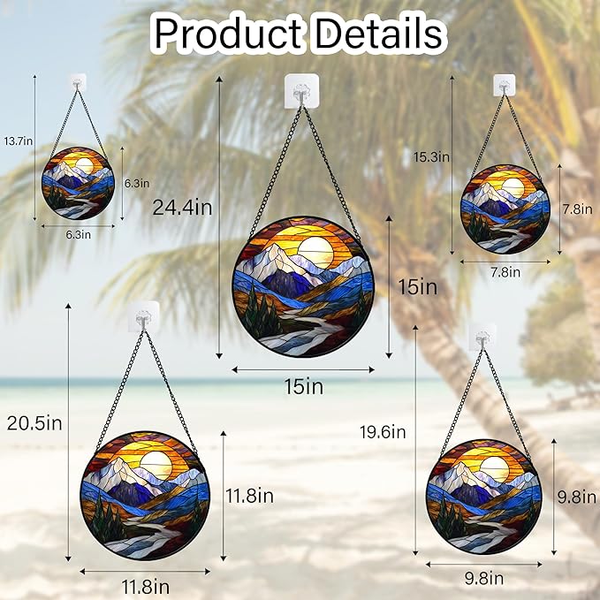 Stained Glass Window Hanging, Yellow Blue Sunset Mountains Scenery Sun Catcher for Window Home Decor Landscape Suncatcher Mother's Day Birthday Gifts for Women Men Mom and Nana 15 in