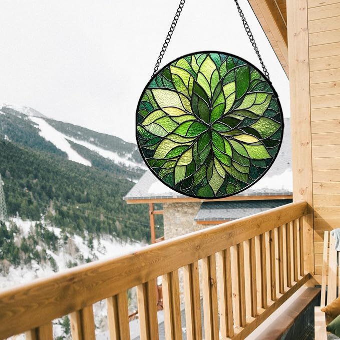 HWRHTR Stained Glass Window Hanging - Green Gradient Flowers Suncatcher for Doors Window Home Plant Sun Catchers Decor Christmas Mother's Day Birthday Gifts for Teacher Women Men Mom Nana 6.3 in