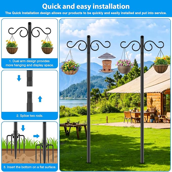 NUERPO Adjustable Shepherd Hooks for Outdoor, 2 Pack 80 Inch 5 Prong Base Bird Two Sided Feeder Poles, Heavy Duty Shepherds Hook, Suitable for Garden in Hanging Flower Basket, Lantern, Bird Nests