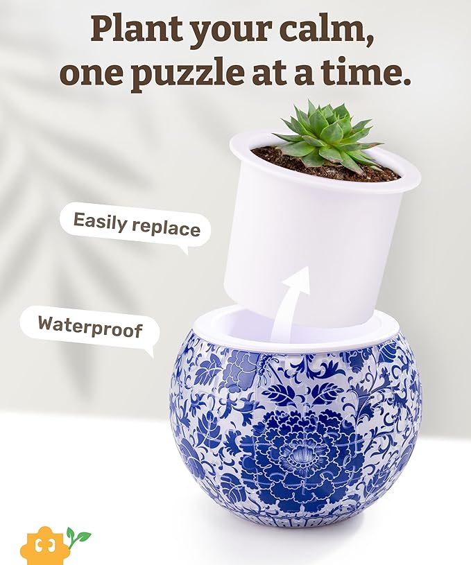 PieceRelax 3D Puzzle Planter - Oriental Floral Ornament - Small Round Plant Pots with Drainage, Home Decor Flower Pots for Indoor Cactus, Succulents Pots [K1101]