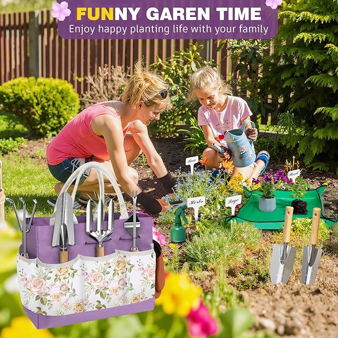22Pcs Gardening Tools Set for Women Heavy Duty Garden Hand Tool Kit Gifts for Mom Gardener Beginner Gardening Accessories with Large Tote Bag/Shovel/Repotting Mat/Plant Labels/Gloves