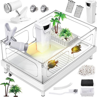 MoonOrange Small Turtle Tank Kit(Tank+Light+Filter), Acrylic Turtle Tank Starter Kit with Bask Platform, Bottom Drain, Multi-Function Area for Small Reptiles.(White)