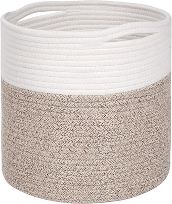 MINTWOOD Design 11 x 11 Inches Cotton Rope Basket for Flower Pot and Indoor Floor Planters, Decorative Round Woven Plant Pot Basket, Planter Covers, Small Dog Toy Storage Baskets, Light Brown