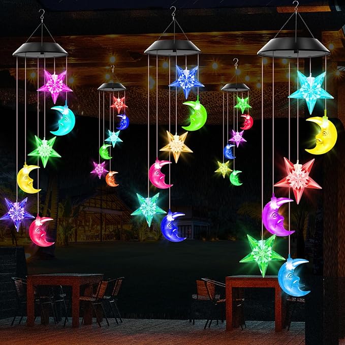 Solar Wind Chimes Outdoor Color Changing Lights, Gift for Women Mom Grandma Sister Best Gifts, Wind Chimes Unique Outdoor Garden Yard Decor (Star and Moon)