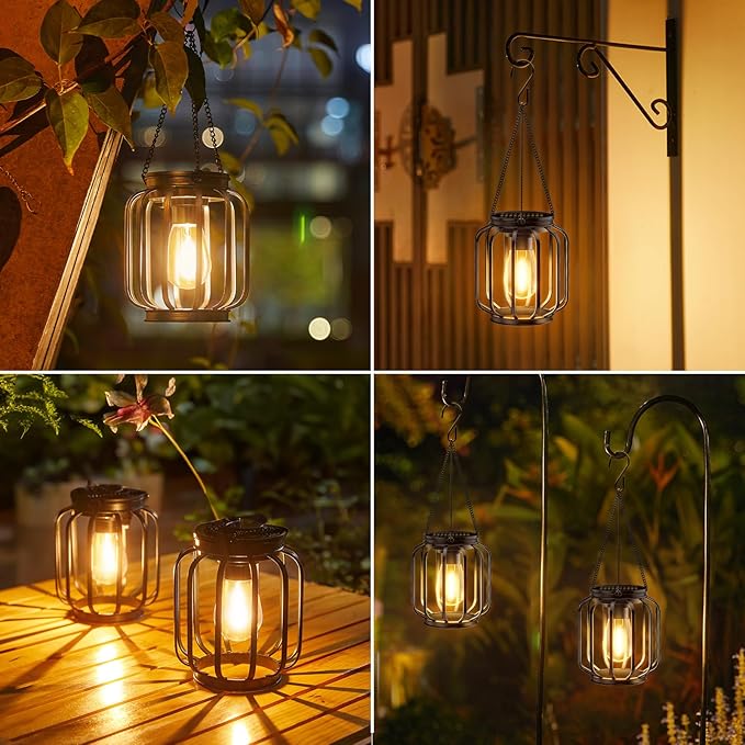 Solar Hanging Lanterns Outdoor Waterproof: 4 Pack Metal Solar-Powered Lights with Hook, Bright Warm Lantern Decor for Outside, Classic Outdoor Lighting for Yard Garden Patio Porch Balcony Decorations