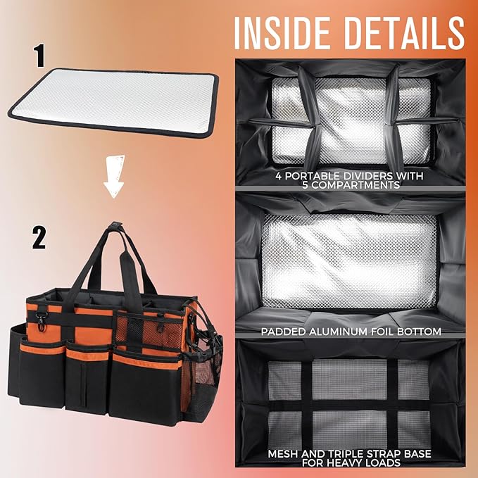 Wearable Cleaning Caddy, Cleaning Caddy Supplies Organizer with Handle & Shoulder Straps for Housekeepers, Under Sink & Car Cleaning Tool Organizers Bag with 4 Foldable Divider (RetroOrange)