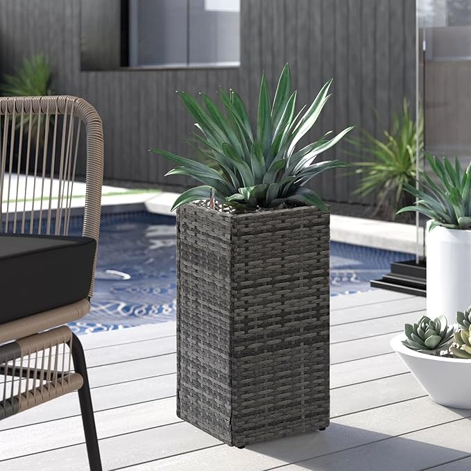 LEWIS&WAYNE Set of 2 Tall Planters for Outdoor Plants Handmade 24'' Wicker Tall Square Planter Box with Removable Liners Modern Planter for Indoor Outdoor Garden Patio Front Porch - Gray