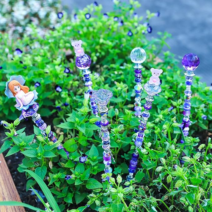 158 Pcs DIY Fairy Wand Garden Stakes Kit,Multiple Color Scheme European Beads Crystal Diamond Tops and 12 or 10 Inch Threaded Rods,Stainless Steel Stakes with Diamond Toppe(Purple)