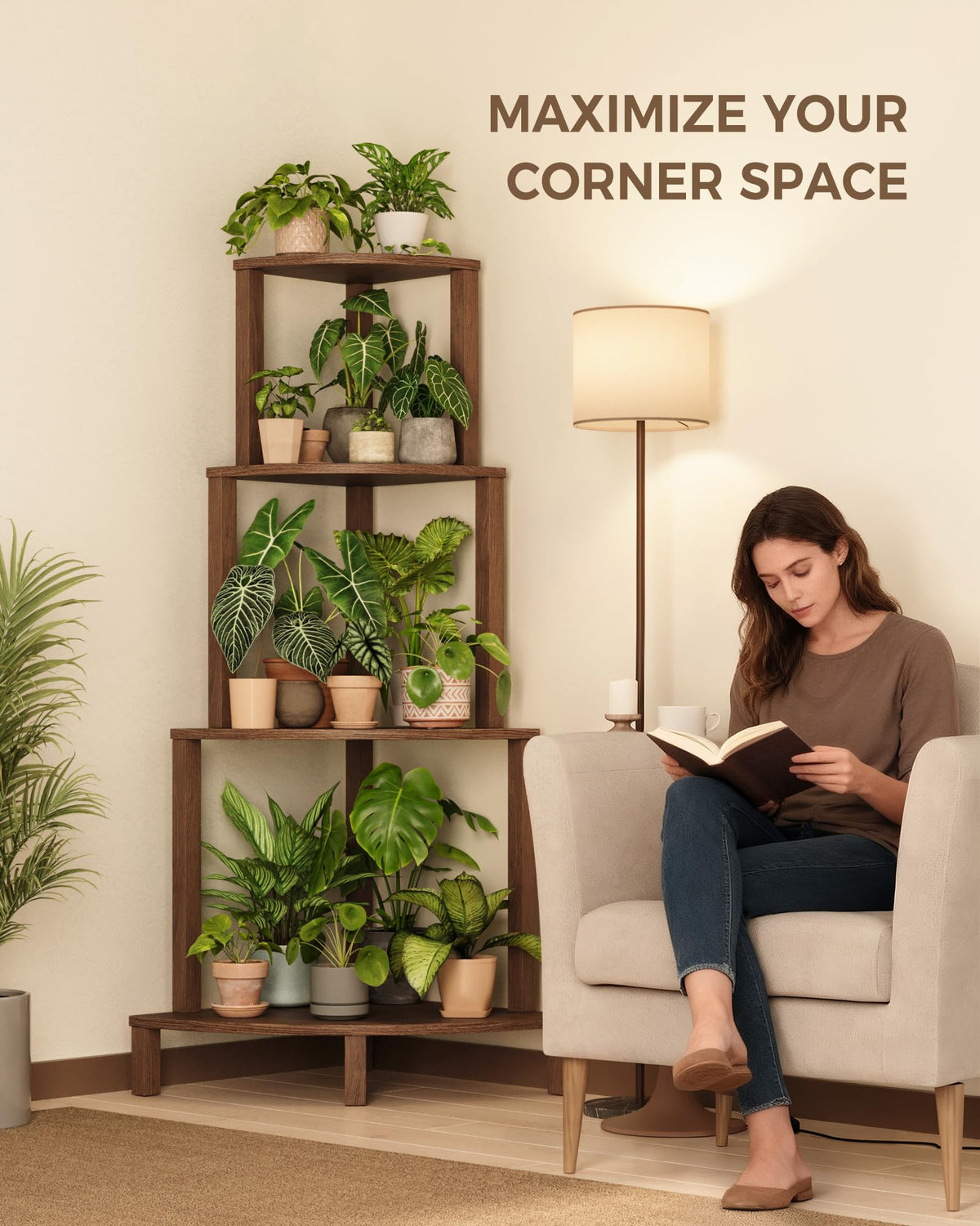 Bamworld Corner Plant Shelf 4-Tier Plant Stand Indoor Wood Plant Rack