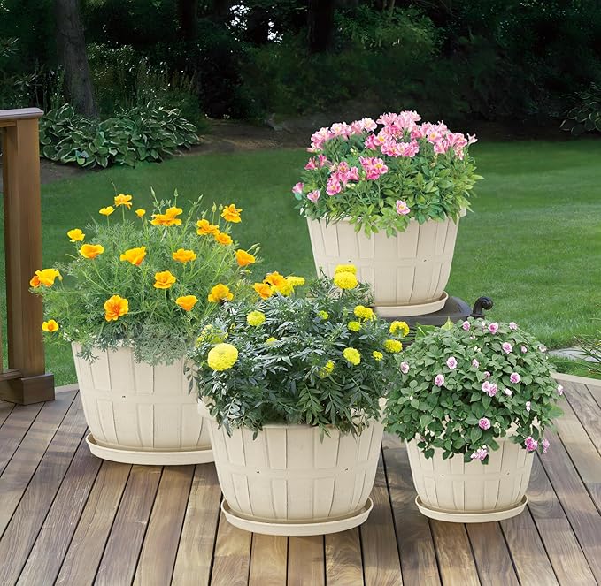Quarut 14 Inch Plastic-Flower-Pot-for-Indoor-Plants, 4 Pack Large Outdoor Planter Pot with Drainage Holes & Saucers, Resin Decorative Garden Pots Planters（White）