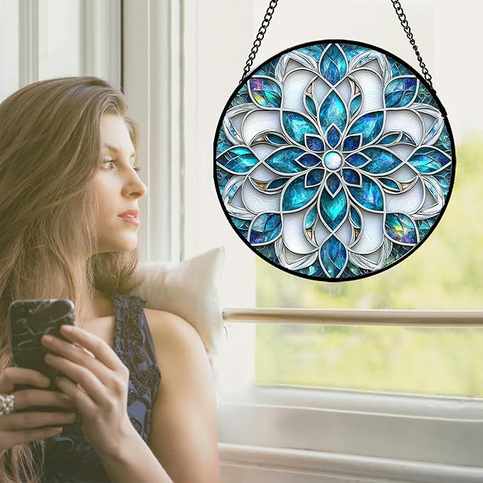 JOSUMALY Stained Glass Window Hanging - Blue White Abstract Flowers Suncatcher for Door Terrace Garden Home Decor Boho Sun Catcher Birthday Gifts for Lovers Women Men Dad Mom Nana 7.8 in