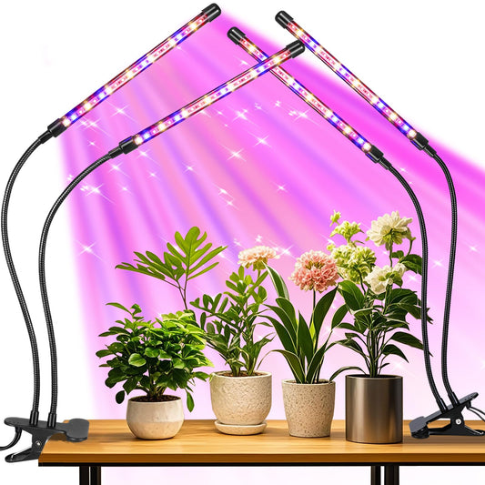 2 Head 2 Pack LED Plant Grow Light with Flexible Gooseneck, Suitable for Indoor Plants, Full Spectrum Clip on Plant Growing Light with Red, Blue, Yellow Beads, 10 Brightness Levels, 3/9/12H Auto Timer