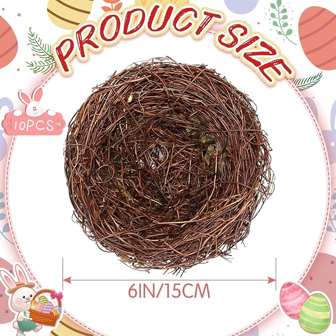 Therwen 10 Pcs Easter Artificial Bird Nest Crafts Birdhouse Nest Natural Rattan Nests for Easter Decor Home Party Wedding Patio Garden Yard Succulent Planter Moss Landscape DIY Terrarium (5.9 Inch)